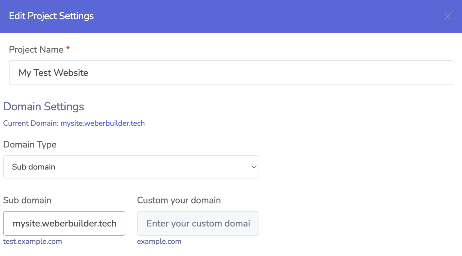 weber edit project screen